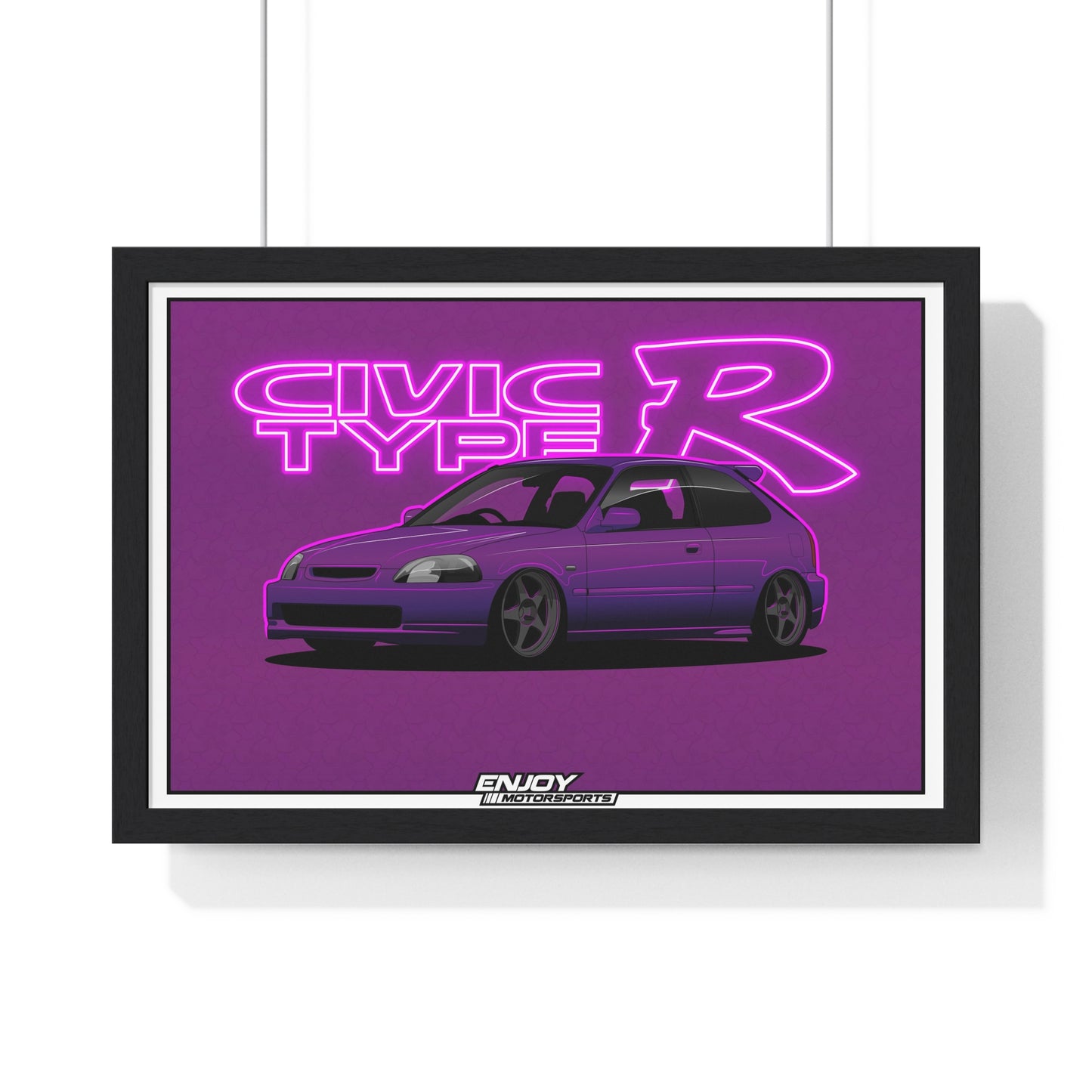Framed art print of the EK9 Civic Type R. The design features the outline of a type r emblem with neon lighting and a Japanese cherry blossom (Sakura) patterned background, giving a modern and vibrant vibe.