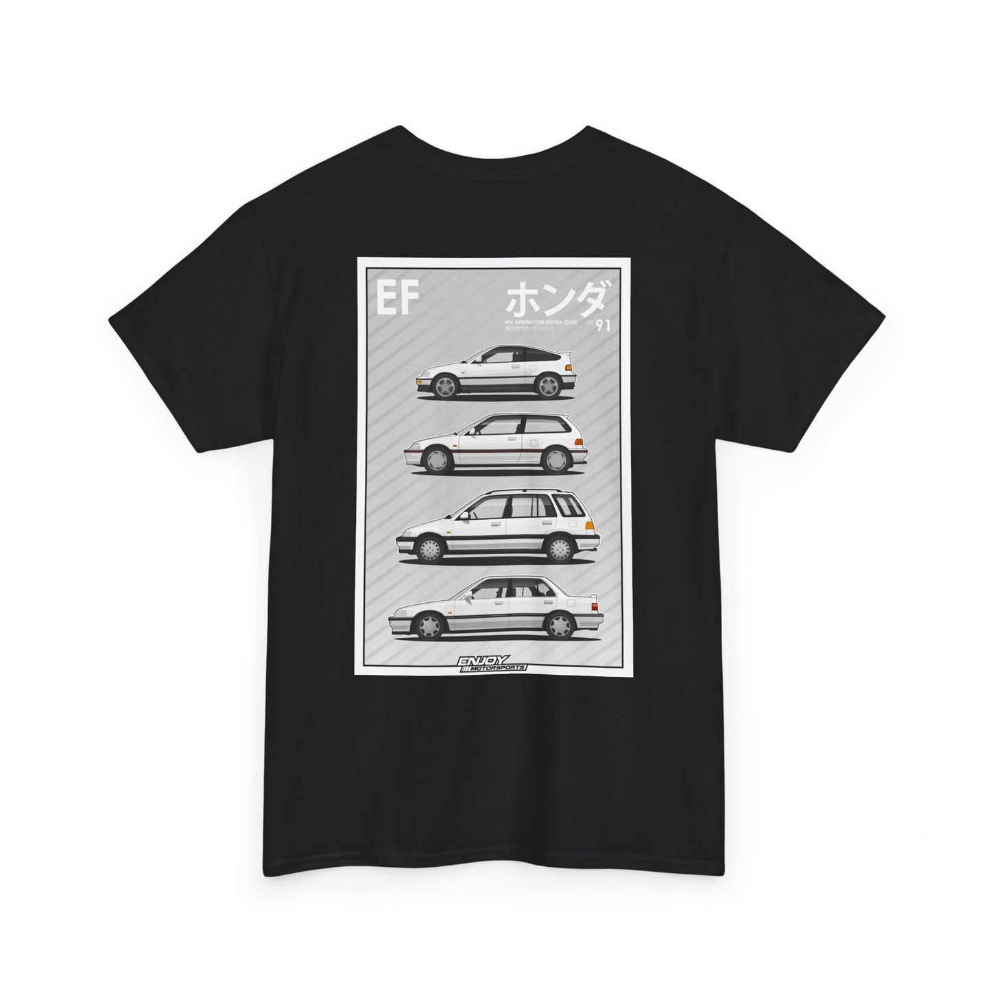 4th Generation Honda Civic T-shirt featuring graphics of the CR-X, Civic Hatchback, Civic Wagon, and Civic Sedan Si with a striped background inspired by 1988-1991 Civic seat fabric patterns.