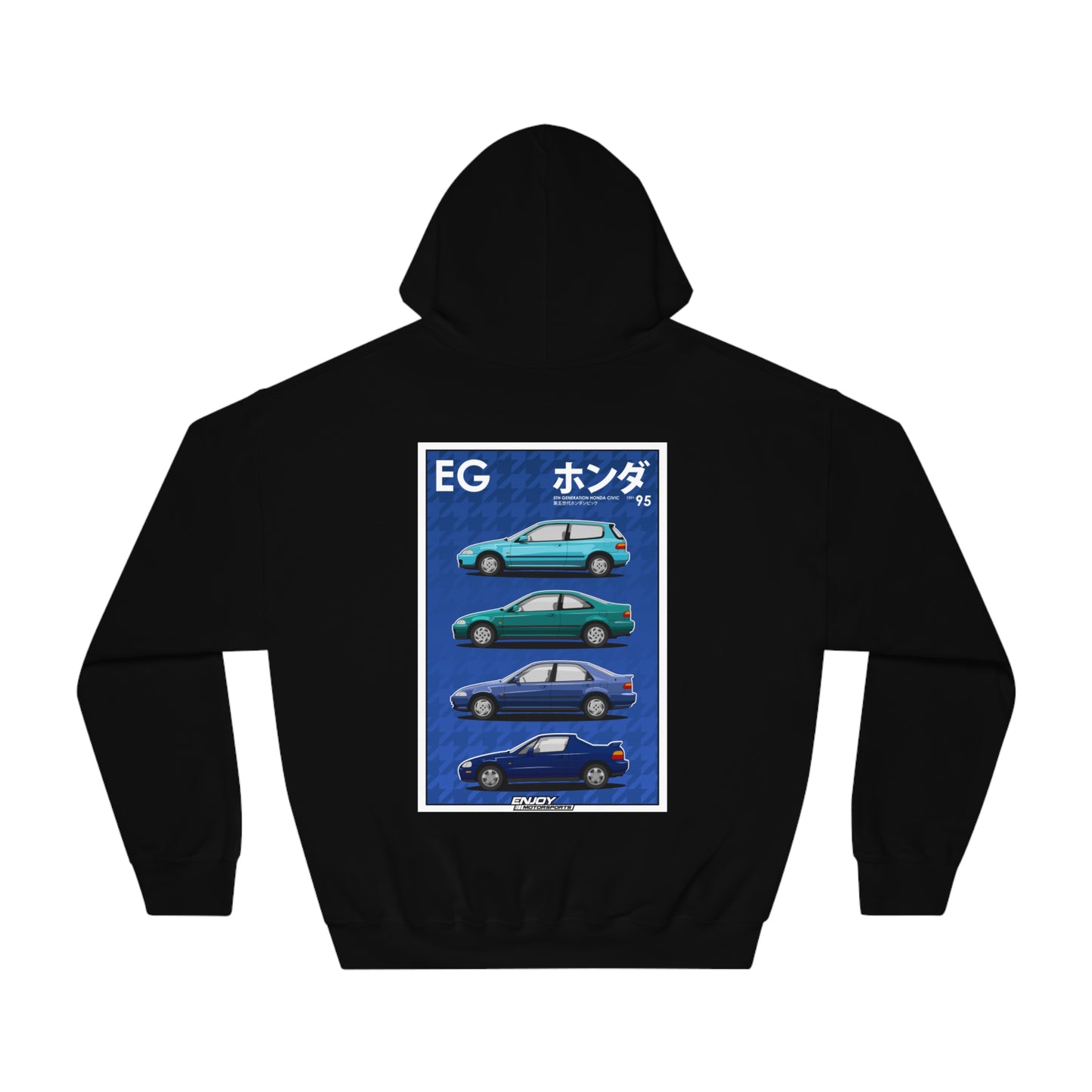 5th Generation Honda Civic EG hoodie featuring Civic Hatchback, Coupe, Ferio Sedan, and Del Sol models with retro houndstooth pattern, perfect for Honda enthusiasts.