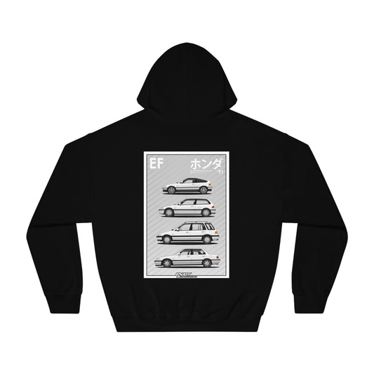 Comfortable hoodie showcasing the body styles of the 4th generation Honda Civic, including the CR-X (EF8), Civic Hatchback (EF9), Civic Sedan (EF2), and Civic Wagon (EF5)