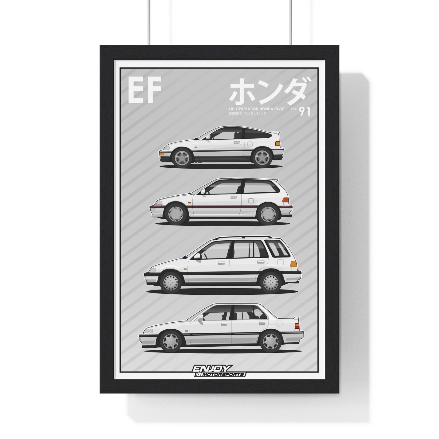 Framed art print showcasing the body styles of the 4th generation Honda Civic, including the CR-X (EF8), Civic Hatchback (EF9), Civic Sedan (EF2), and Civic Wagon (EF5)