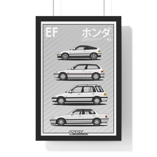 Framed art print showcasing the body styles of the 4th generation Honda Civic, including the CR-X (EF8), Civic Hatchback (EF9), Civic Sedan (EF2), and Civic Wagon (EF5)