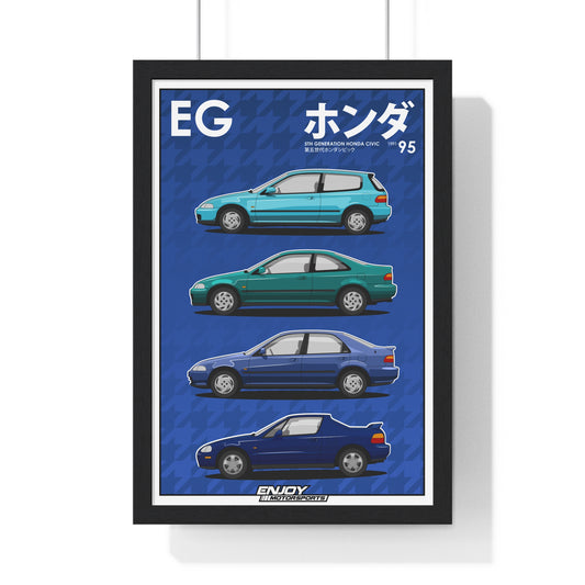 Framed art print showcasing the body styles of the 5th generation Honda Civic, including the Civic SiR Hatchback (EG6), Civic Ferio SiR (EG9), Civic Coupe (EJ1), and Honda Civic Del Sol (EG2)