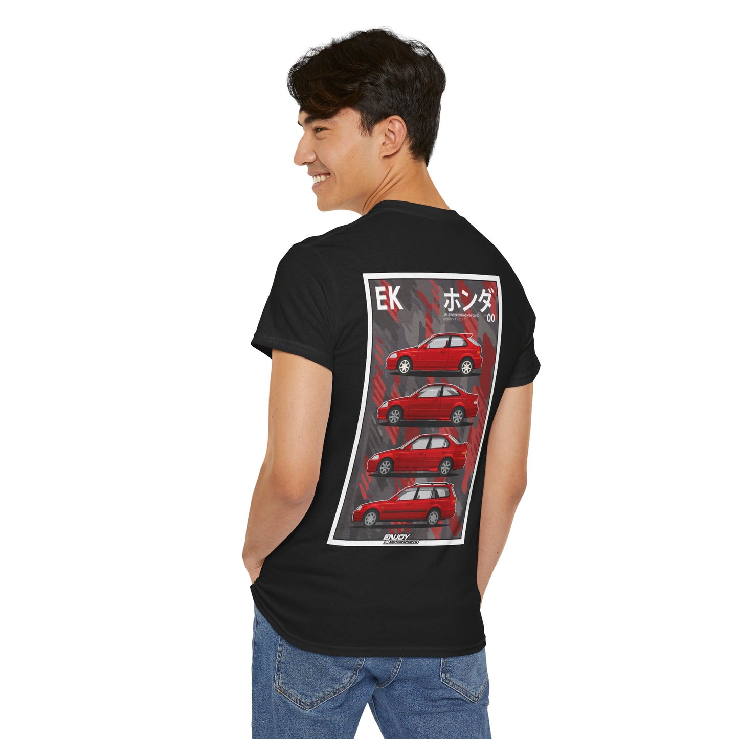 6th Generation Honda Civic T-shirt showcasing the EK9 Type R, EM1 Si Coupe, EK3 Ferio, and Honda Orthia models, designed for car enthusiasts