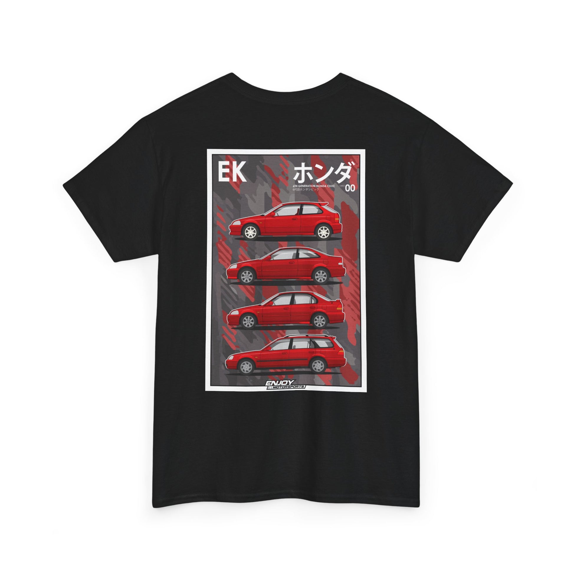 6th Generation Honda Civic T-shirt showcasing the EK9 Type R, EM1 Si Coupe, EK3 Ferio, and Honda Orthia models, designed for car enthusiasts