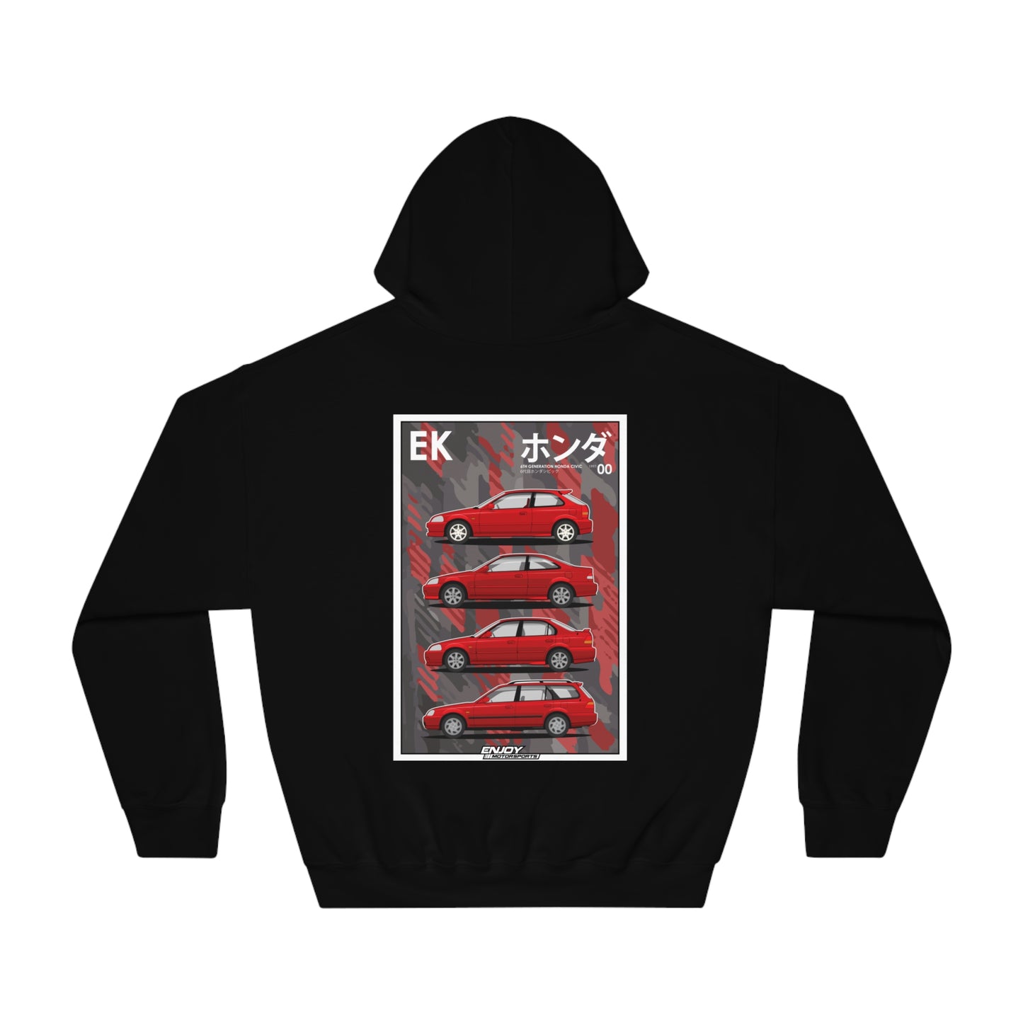 6th Generation Honda Civic Hoodie showcasing the EK9 Type R, EM1 Si Coupe, EK3 Ferio, and Honda Orthia models, designed for car enthusiasts and Honda fans.