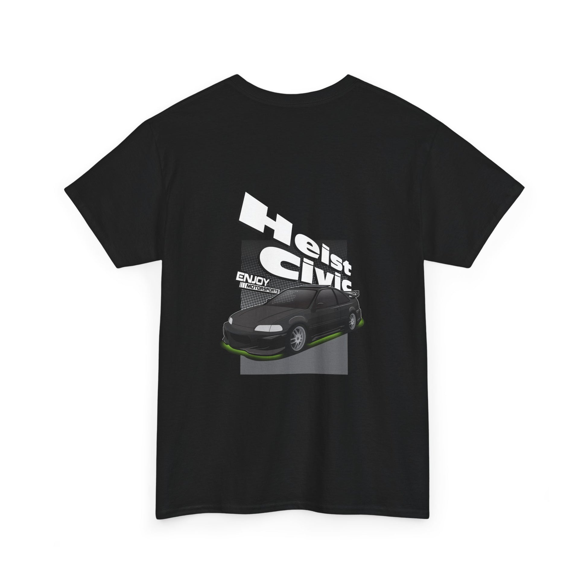 Back view of black Heist Civic T-shirt featuring a detailed design of the 5th Gen Honda Civic with VIS GT Bomber body kit and green underglow.