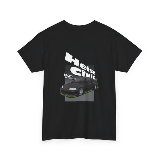 Back view of black Heist Civic T-shirt featuring a detailed design of the 5th Gen Honda Civic with VIS GT Bomber body kit and green underglow.