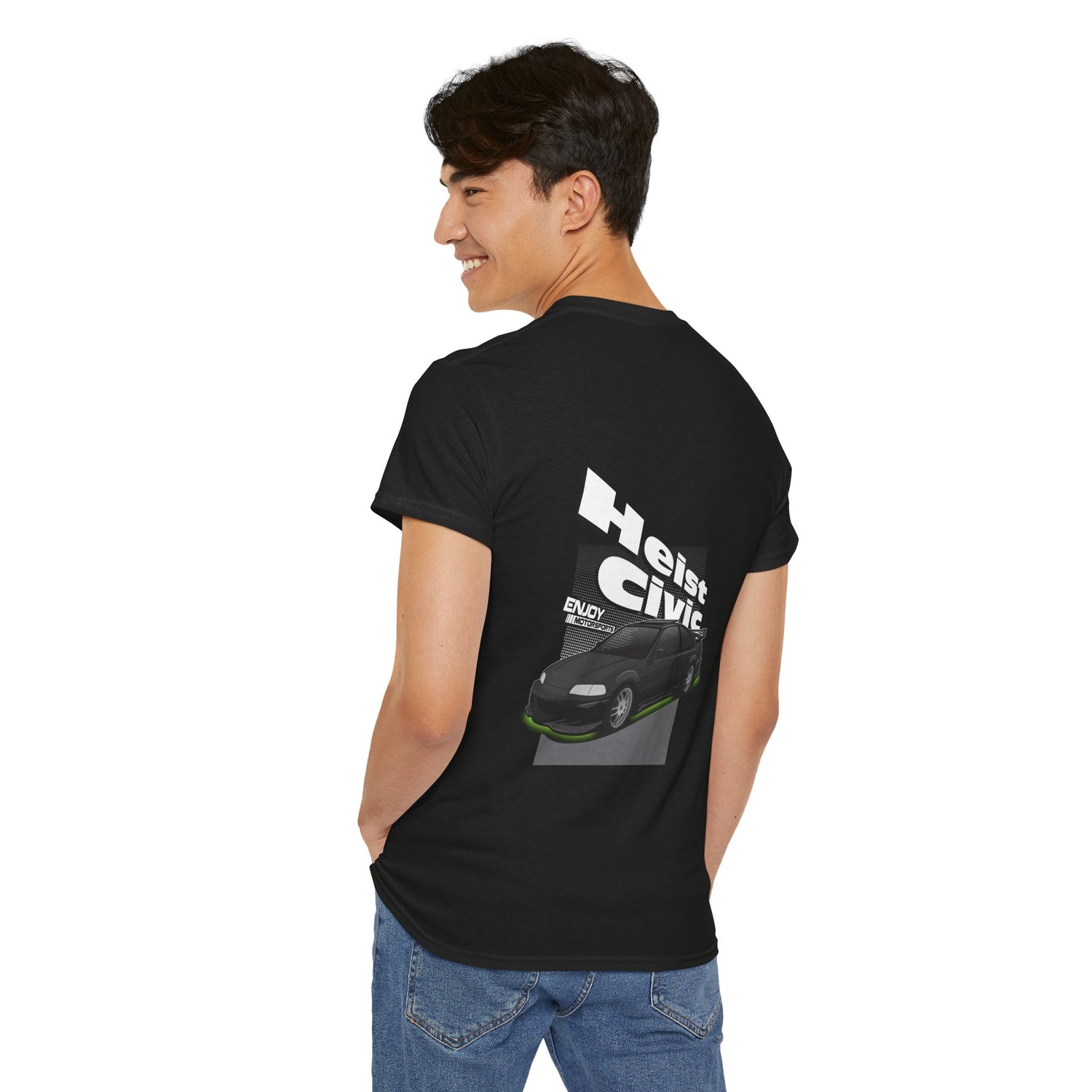 Model wearing the Heist Civic T-shirt featuring the iconic 5th Gen Honda Civic from Fast & Furious, designed with custom modifications and black color.