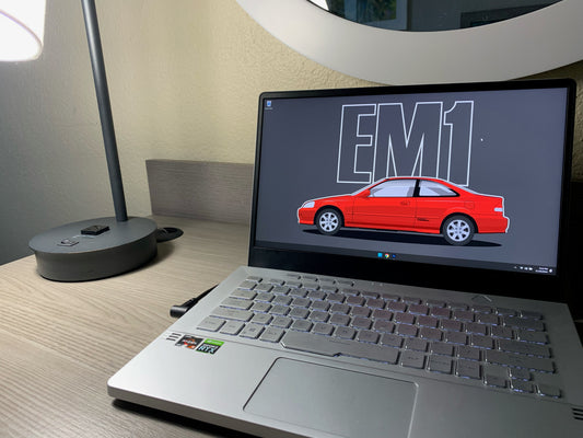 Vector art illustration of a red EM1 Honda Civic Si with bold EM1 outline text in the background, designed as a high-quality 1080p desktop wallpaper.



