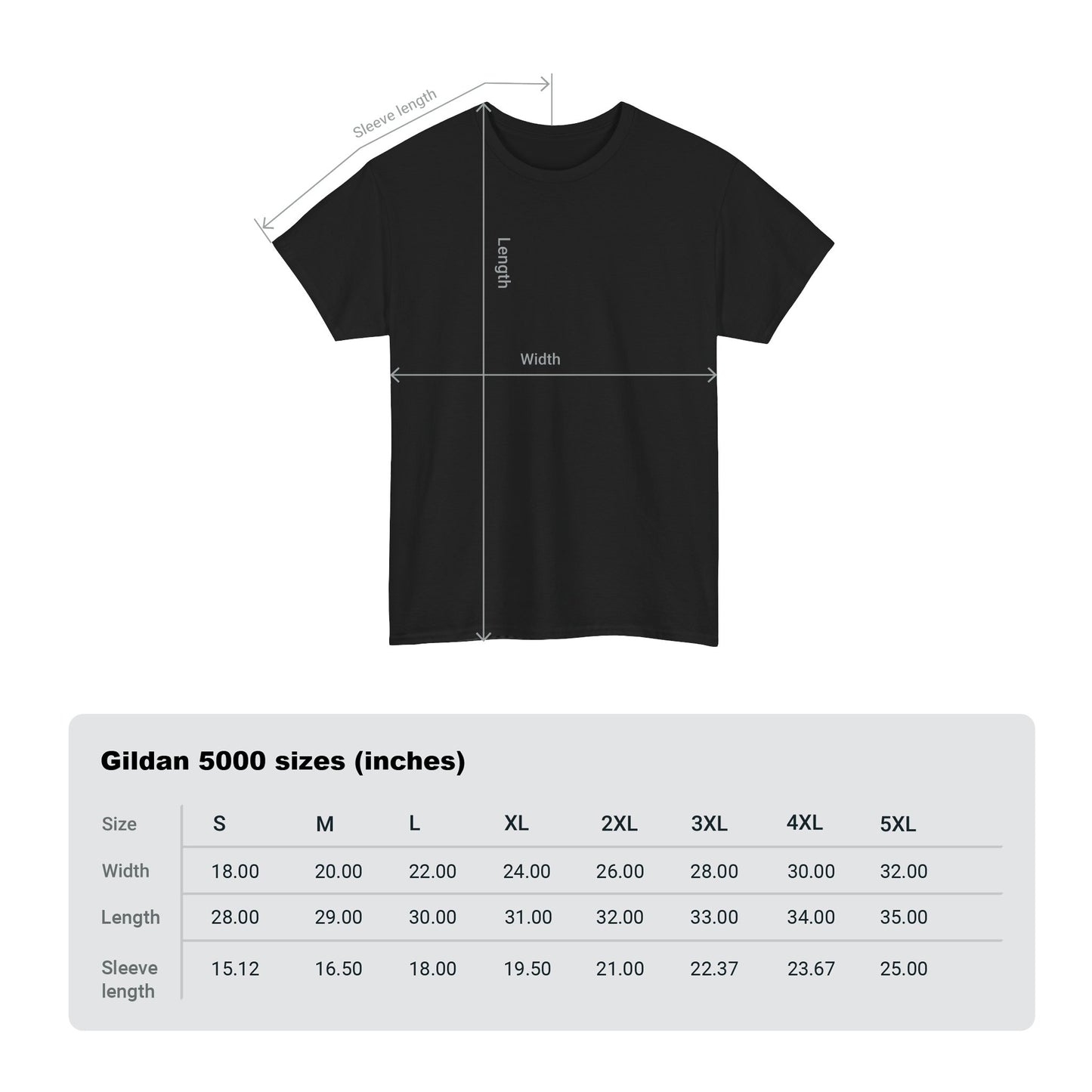 Sizing guide for Gildan 5000 t shirts