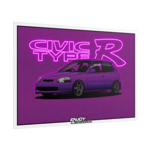 This EK9 Civic Type R Poster features a design with neon lighting and a cherry blossom patterned background, giving a modern and vibrant vibe.