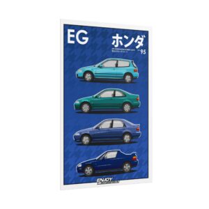 5th generation Civic Collection art print. This poster gives a retro and nostalgic vibe, perfect for car enthusiasts and Honda fans. EG6, EG9, EJ1, EG2